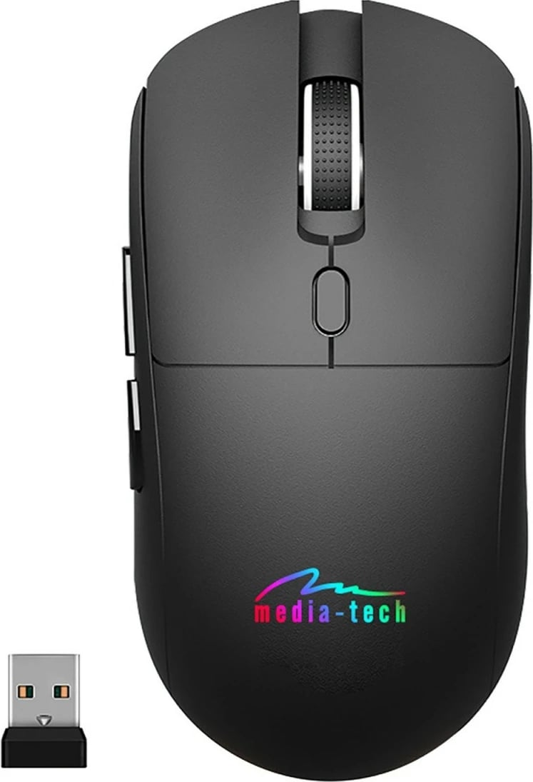Maus pa kabllo Media-Tech MT1124 2-në-1 BT 5.0/RF 2.4GHz 1200-3200 DPI USB-C i rikarikueshëm ndriçim RGB, e zezë