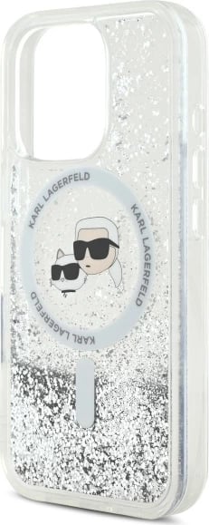Mbështjellës Karl Lagerfeld Liquid Glitter Karl & Choupette Head MagSafe për iPhone 16 Pro Max, Transparent