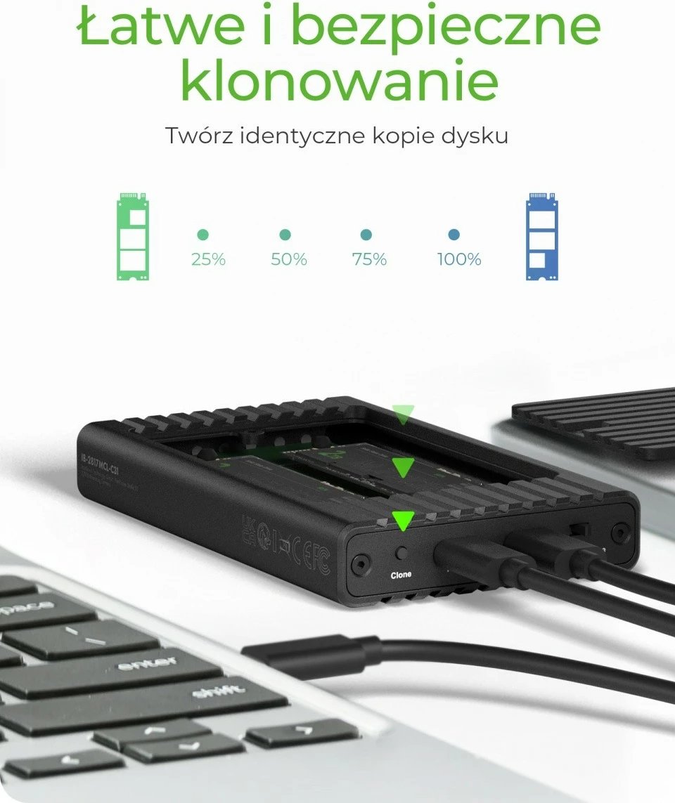 Kasë IcyBox IB-2817MCL-C31 për 2x NVMe SSD, funksion klonimi, e zezë