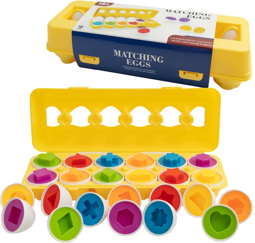 Set lodrash edukative vezë plastike ASKATO Shape Matcher Egg Matching, 12 copë, shumëngjyrëshe
