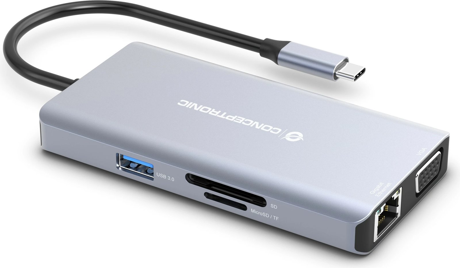 Docking station Conceptronic 10-1, USB-C në HDMI/USB-A/VGA/AUX, 25cm, gri