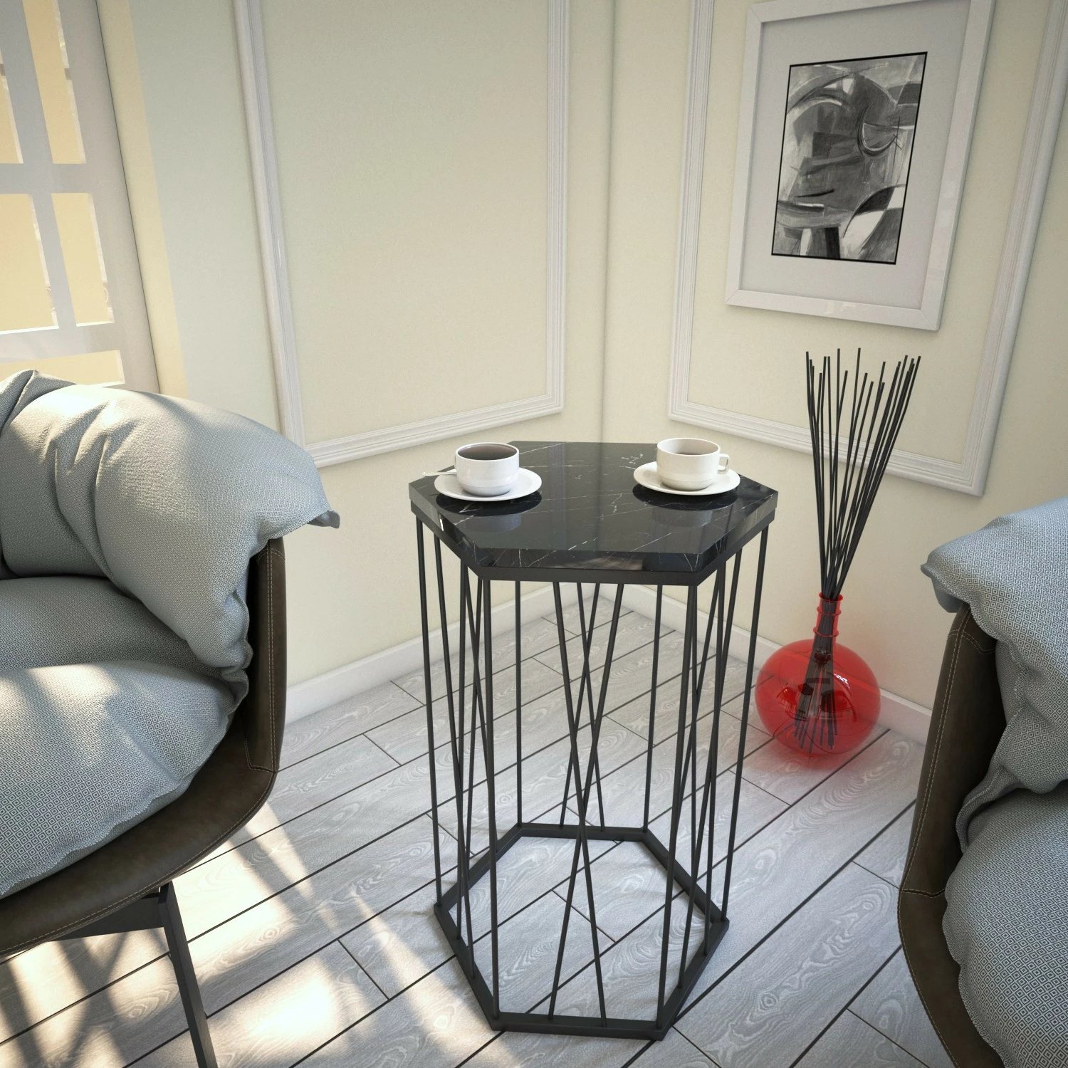 Tavolinë anësore Hanah Home, ngjyrë mermeri dhe e zezë