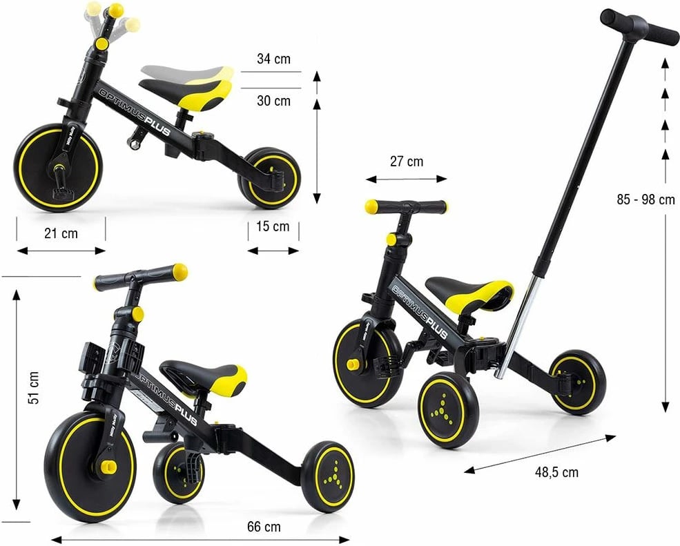 Tricikel 4n1 me shufër drejtimi, Milly Mally Optimus Plus, rrota EVA, kornizë çeliku, për 12m+, deri 25 kg, e zezë