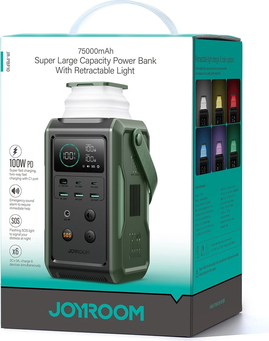 powerbank Joyroom JR-PBF10 75000mAh 100W 3x USB-C 3x USB-A me elektrik palosës dhe dorezë, e gjelbër
