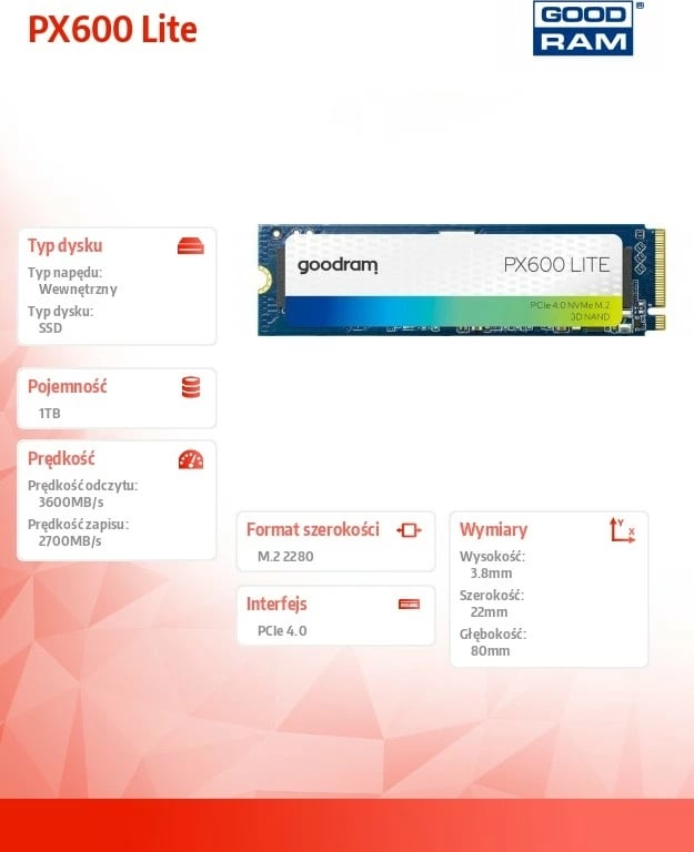 SSD GOODRAM PX600 Lite 1TB, M.2 2280, PCIe 4.0 NVMe, 3600/2700MB/s