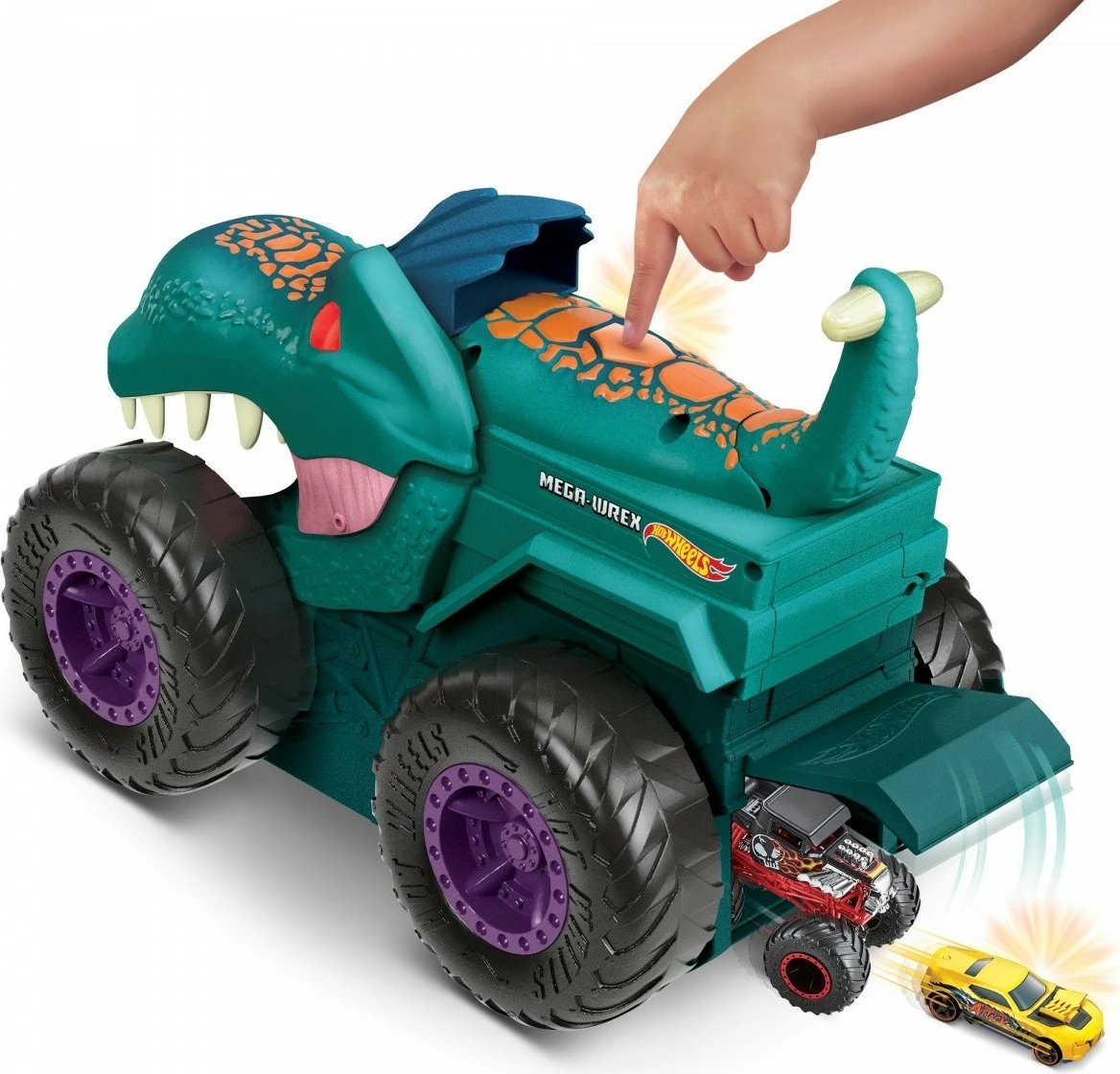 Lodër Hot Wheels Mega Wrex Car Eater Vehicle, me efekte zanore dhe dritash, për fëmijë, Set me makinë metalike, Ngjyrë kaltër/portokalli