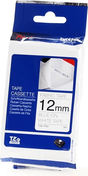 Kasetë shirit për tekstil, Brother TZe-FA3, 12 mm x 3 m, blu në të bardhë