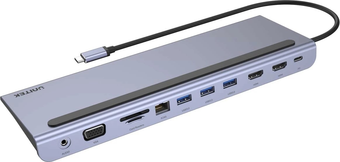 Kasë HUB USB-C Unitek D1022B, 11 porte, 100W PD, Gri