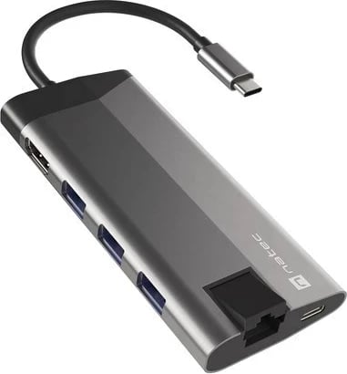 Adapter NATEC Multiport Fowler Plus USB-C, HDMI 4K, RJ45, Gri e Errët