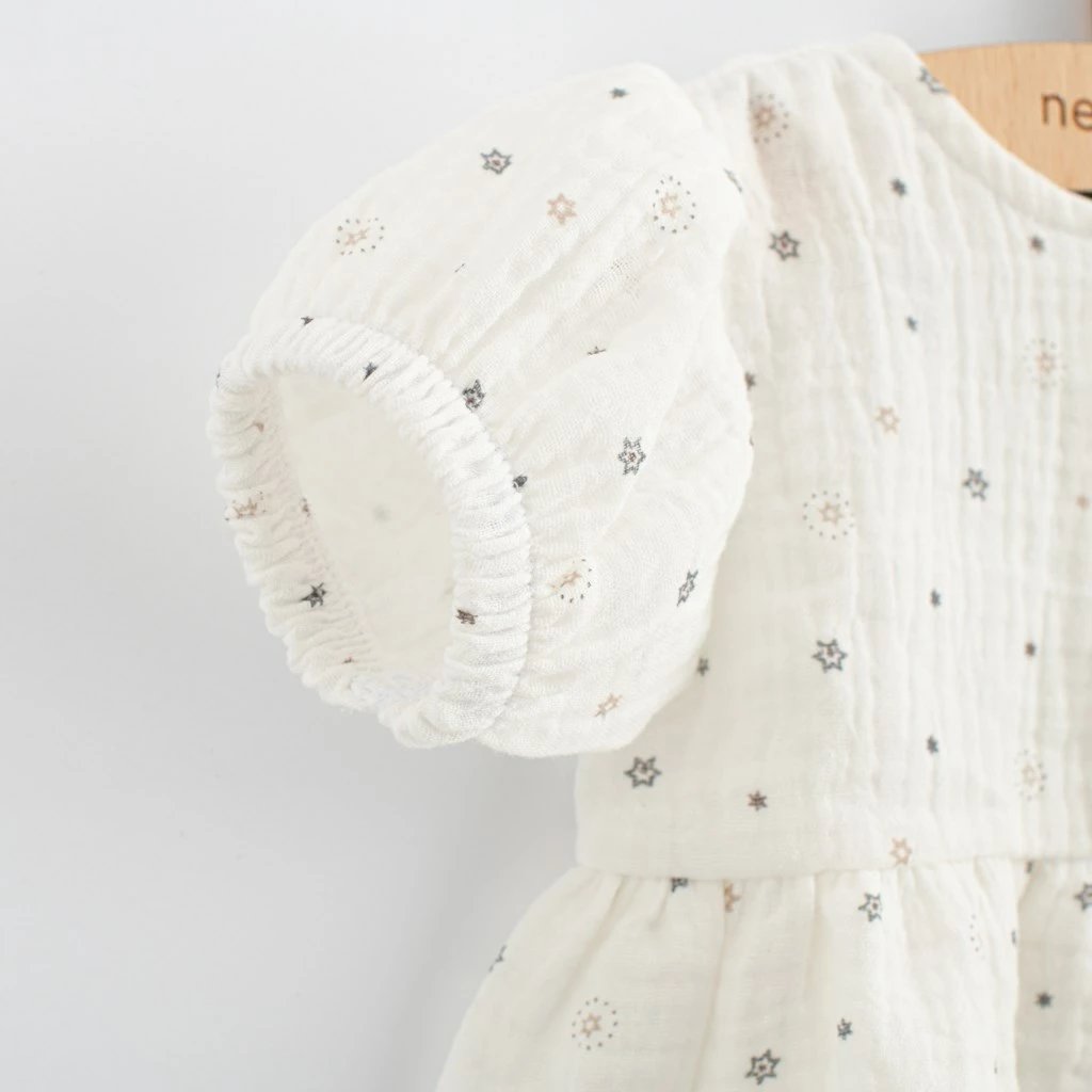 Fustan muslini, New Baby Zora, 100% pambuk, mëngë të shkurtra, për vajza, madhësia 56 (0-3m), e bardhë