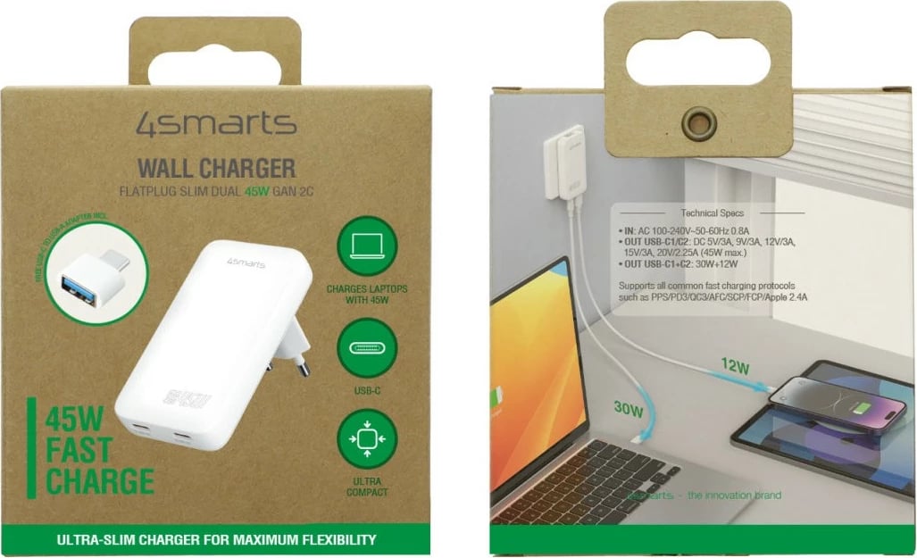 Karikues universal 4smarts 542045, 2x USB-C, GaN, 45W, i bardhë