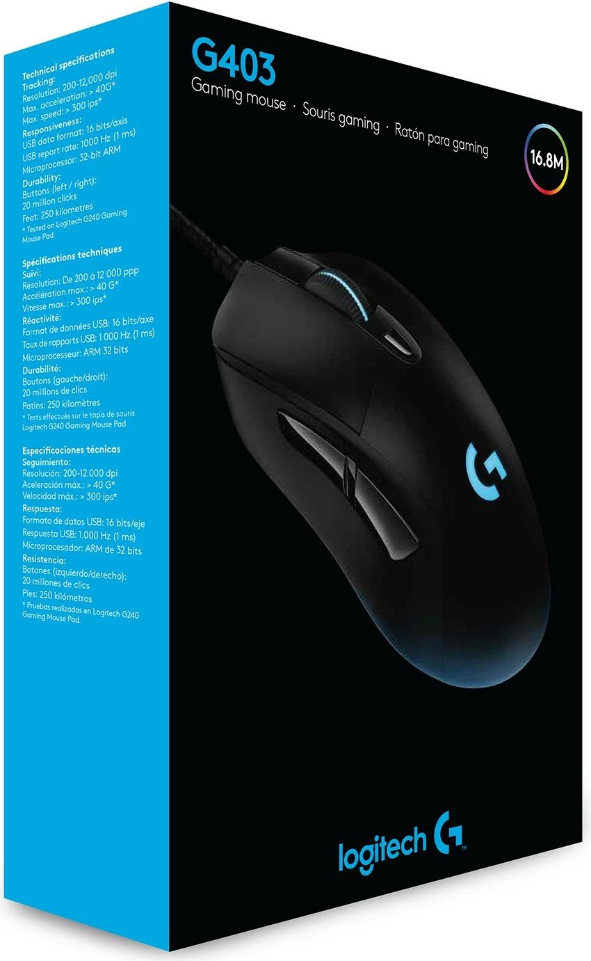 Maus Logitech G G403 HERO, Djathtas, Optik, USB Type-A, 25600 DPI, 1 ms, Ngjyrë e zezë Maus Logitech G G403 HERO, Djathtas, Optik, USB Type-A, 25600 DPI, 1 ms, Ngjyrë e zezë