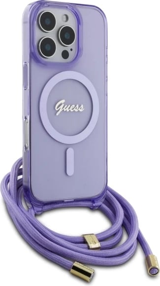 Mbështjellës Guess Crossbody Cord Script MagSafe për iPhone 16 Pro Max, Vjollcë