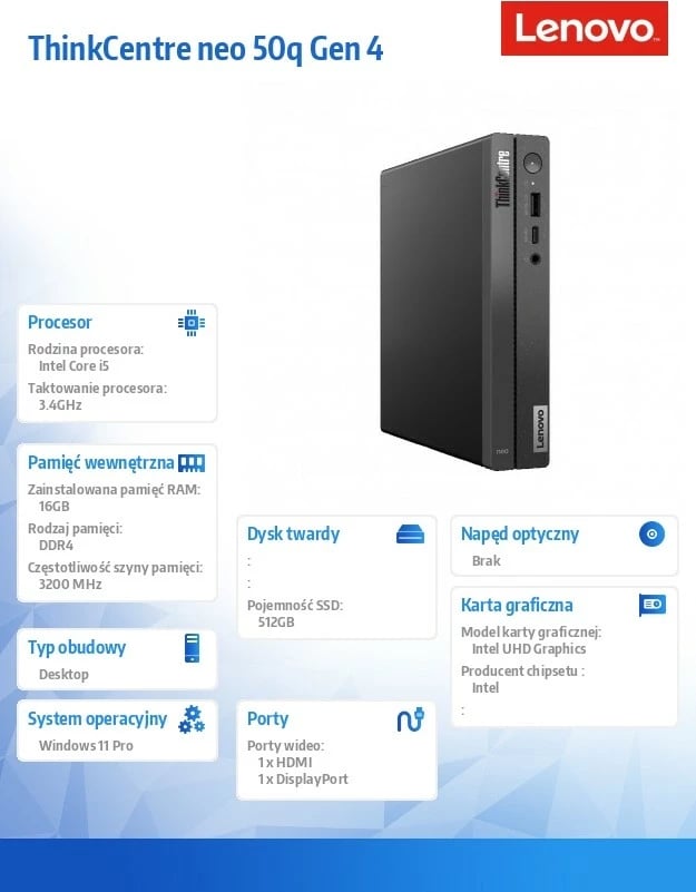 Kasë Lenovo ThinkCentre Neo 50q Gen 4, Intel Core i5-13420H, 16 GB RAM, 512 GB SSD, Windows 11 Pro, Zezë