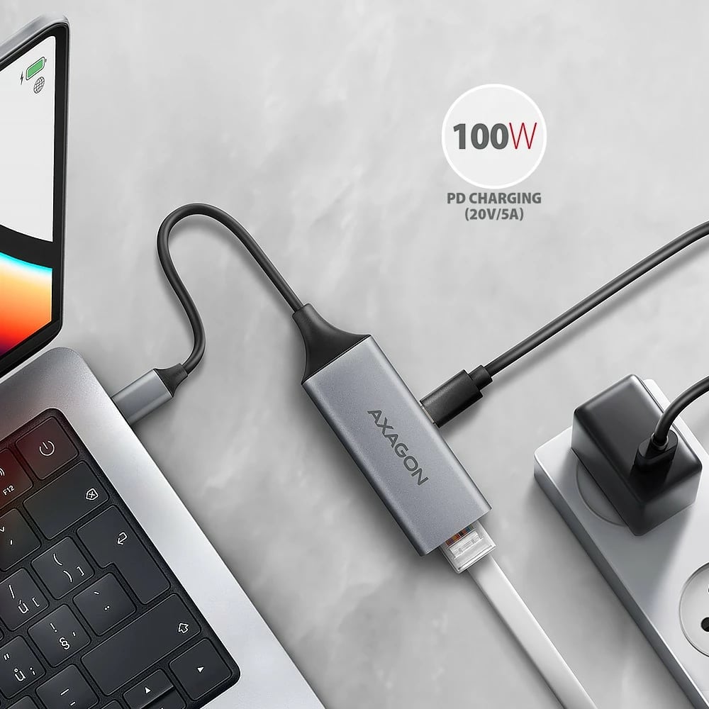 Kartë rrjeti AXAGON ADE-TXPD, USB-C 3.2 Gen 1, Gigabit Ethernet, Power Delivery 100W, Gri