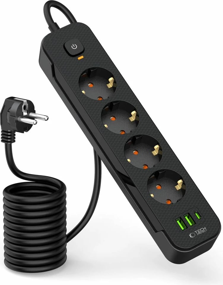 Prizë elektrike Tech-Protect PCL4X3 me 4 dalje, 2xUSB-A, 1xUSB-C, 200 cm, e zezë