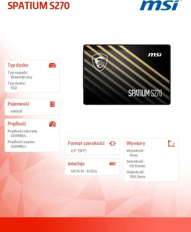 SSD MSI SPATIUM S270, 480GB, 2.5 inç, SATA III