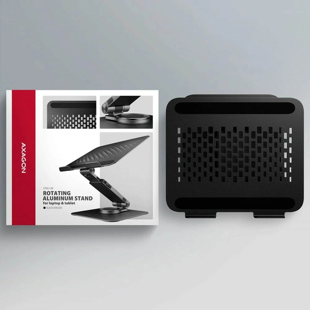 Mbajtës laptopi, AXAGON, STND-LRB, alumin, 10-17.3", lartësi e rregullueshme, rrotullim 360°, i palosshëm, e zezë