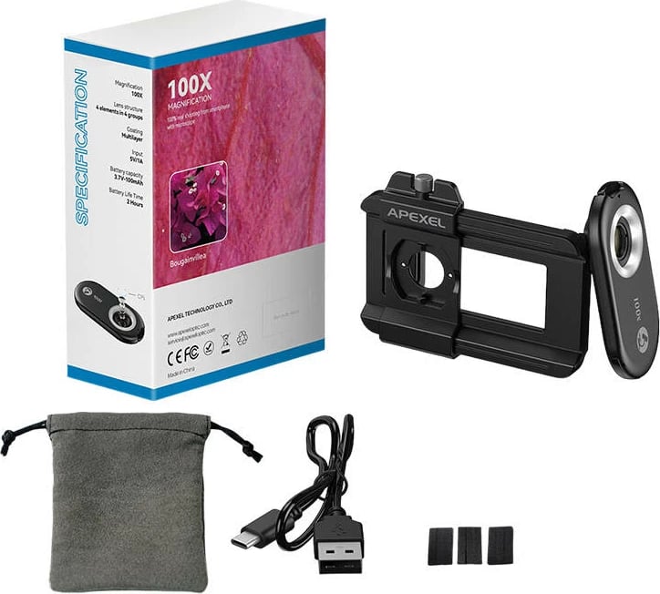 Lente për celular APEXEL APL-MS100, 100x, me ndriçim LED dhe UV