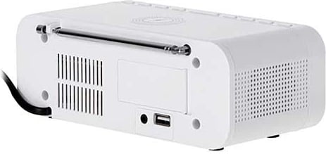 Orë alarmi me radio dhe karikues pa tel, Adler AD 1192, Bluetooth 5.0, FM, altoparlant stereo 5W, USB 1A, jo‑Qi, e bardhë