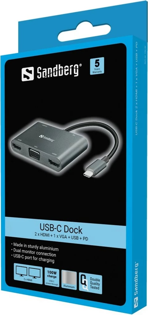 Dock USB-C Sandberg 2xHDMI+1xVGA+USB+PD, Gri