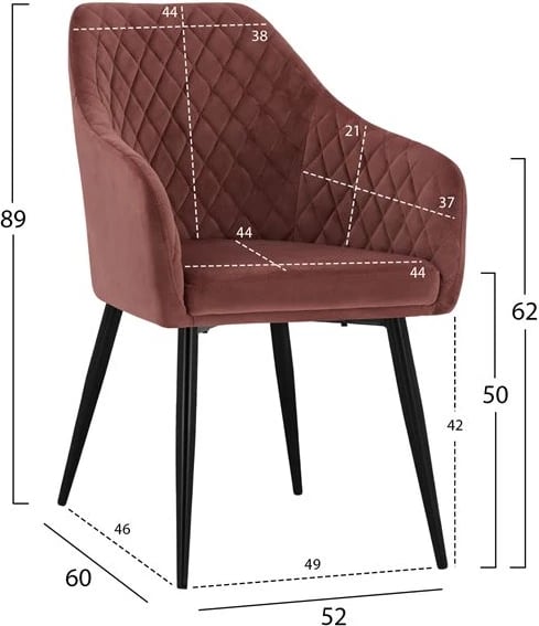 Karrige me krahë CHARLES FH8522.02 me kadife ngjyrë rozë e pluhurosur 52x60x89 cm., set prej 2 copë