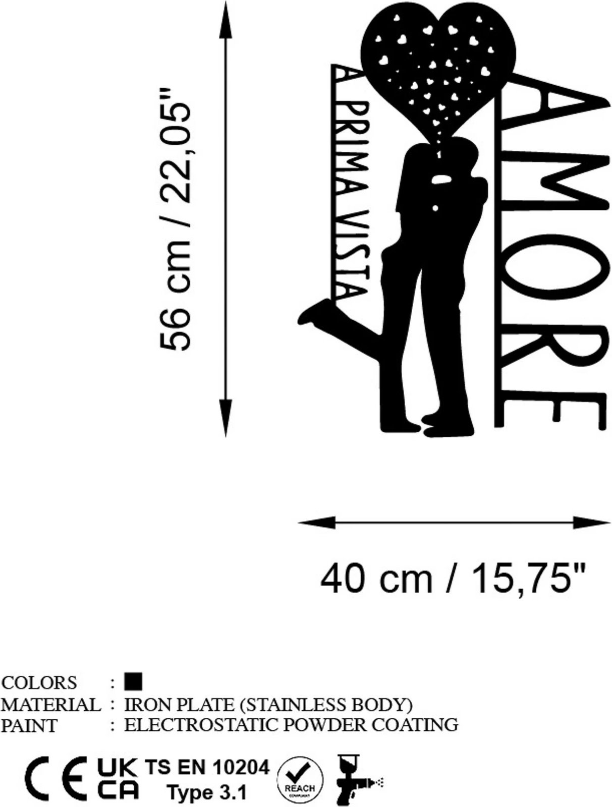 Aksesor dekorativ metalik për mur, Amore Prima Vista 3, ngjyrë e zezë, 40x56cm