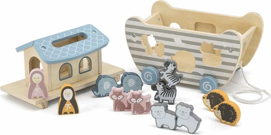 Puzzle druri, Viga PolarB Noah's Ark, anije me rrota dhe litar tërheqës, 5 çifte kafshësh, 18m+, multingjyrësh, set