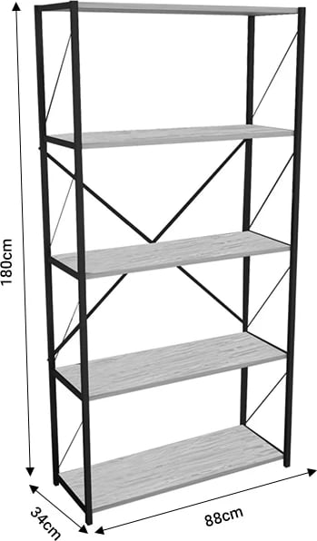 Raft librash Tikilmo melaminë-antracit-metal i zi 88x34x180cm