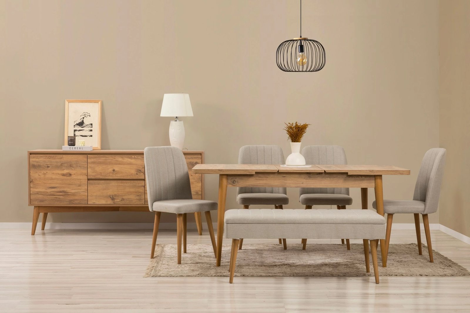 Set tavoline e zgjatshme me karrige dhe konsol (7 pjesë), Skye Decor, Vina 03 1005, ngjyrë pishë atlantike, krem