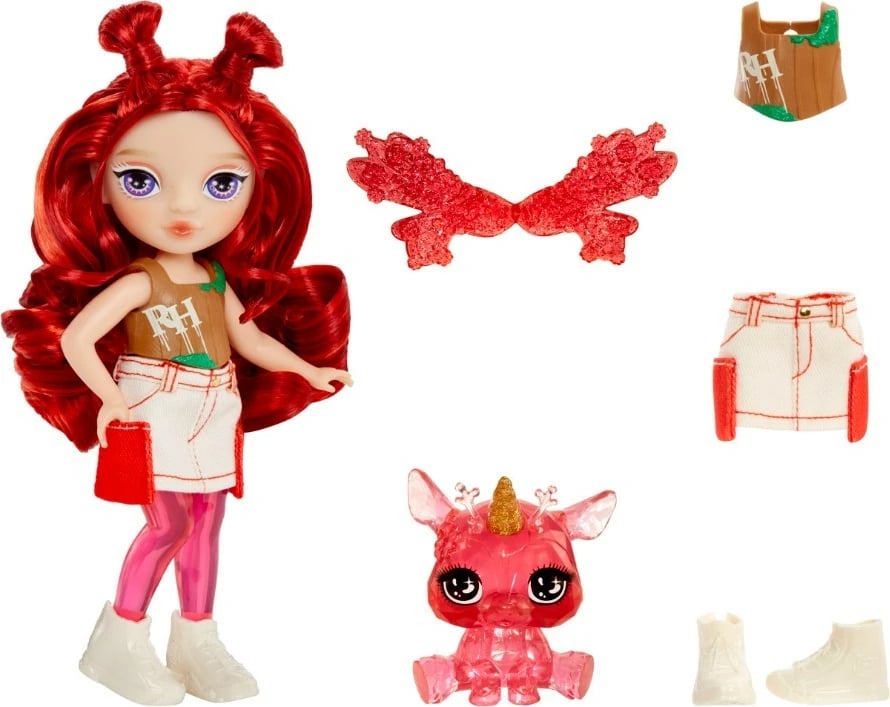 Kukull Rainbow High Littles Apple Red me krahë dhe pet, 15.24 cm