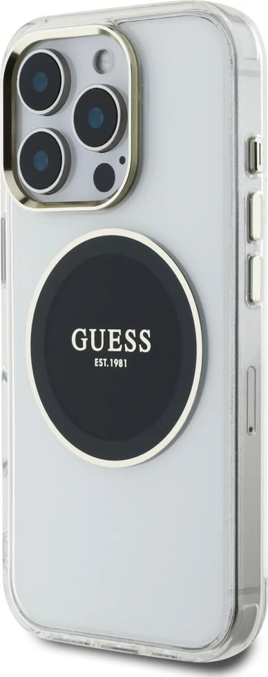Mbështjellës Guess IML Metal Colored Circle Classic Logo MagSafe për iPhone 16 Pro, zi
