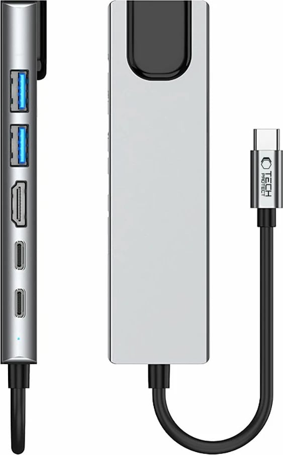 Adapter HUB Tech-Protect HB02 6in1, USB-C, USB 2.0, USB 3.0, HDMI 4K, RJ45, PD 100W, Gri