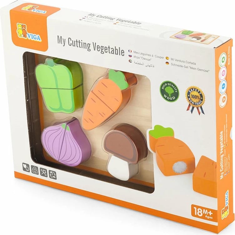 Set lojërash prerjeje prej druri, Viga Vegetables, me dërrasë dhe thikë, perime me Velcro, 22x15 cm, shumëngjyrësh