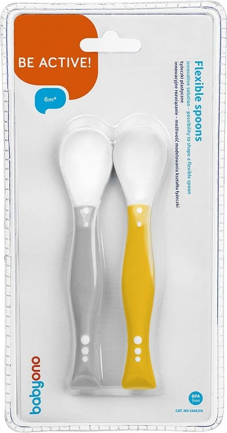 lugë bebe fleksibile me memorie forme, Baby Ono, 2 copë, 3m+, gri/verdhë