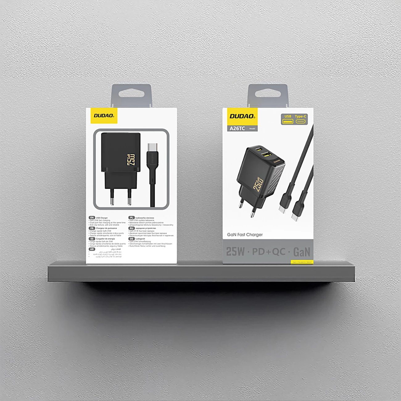 Karikues muri Dudao A26TCEU GaN 25W PD/QC, 2 dalje USB-C + USB-A, prizë EU, me kabllo USB-C, e zezë