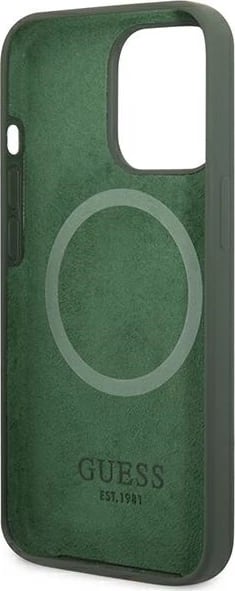 Mbështjellës Guess Silicone Logo Plate MagSafe për iPhone 13 Pro / iPhone 13, Gjelbër