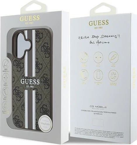 Mbështjellës Guess 4G Printed Stripes MagSafe për iPhone 16 Plus, Kafe