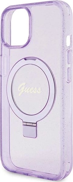 Mbështjellës Guess Ring Stand Script Glitter MagSafe për iPhone 15 Plus / 14 Plus, vjollcë