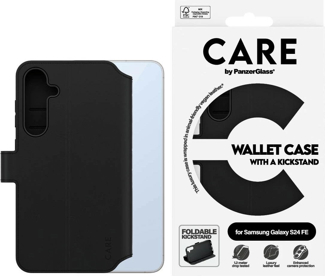 Mbështjellës portofol PanzerGlass CARE Feature me kickstand për Samsung Galaxy S24 FE, zi