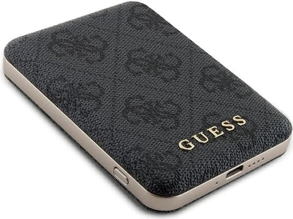 Powerbank Guess GUPB5FP4EMGK 5000mAh, 15W, MagSafe, 4G Leather Metal Logo, e zezë
