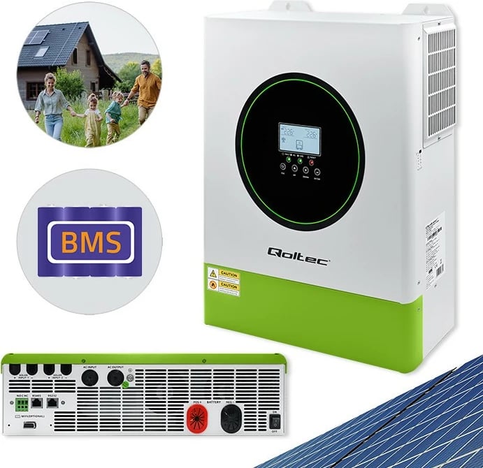 Inverter solar hibrid Qoltec 53862, 11000W, 160A, 48V, MPPT, BMS, Sinus, Wi-Fi, Gjelbër/Bardhë