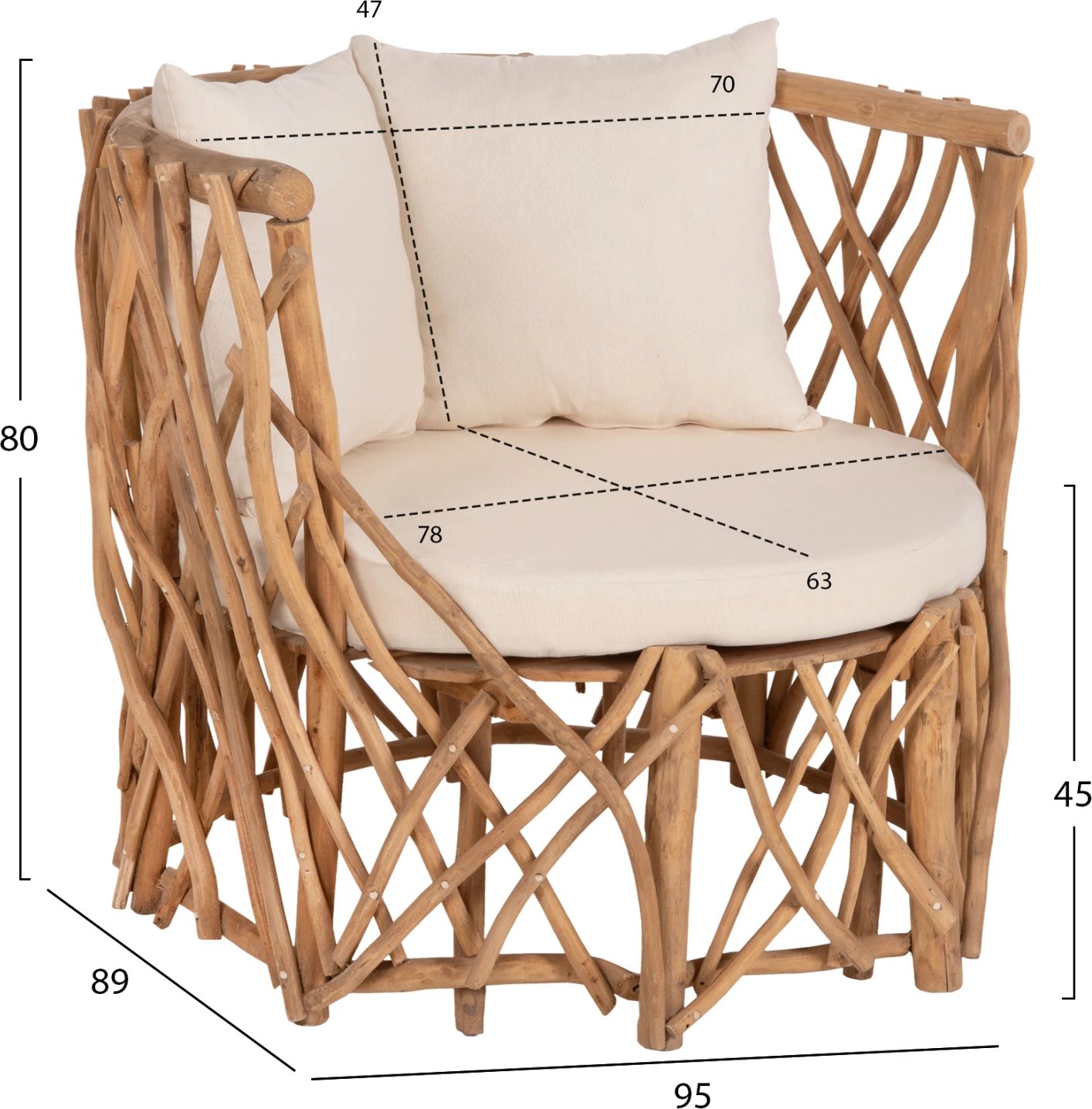 Fotelje KAAN FH5994 degë TEAK, jastëk të bardhë, 95x89x80H cm.