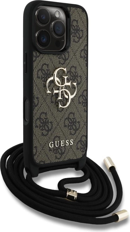Mbështjellës Guess 4G Big Logo Cord Stap Crossbody për iPhone 16 Pro, Kafe