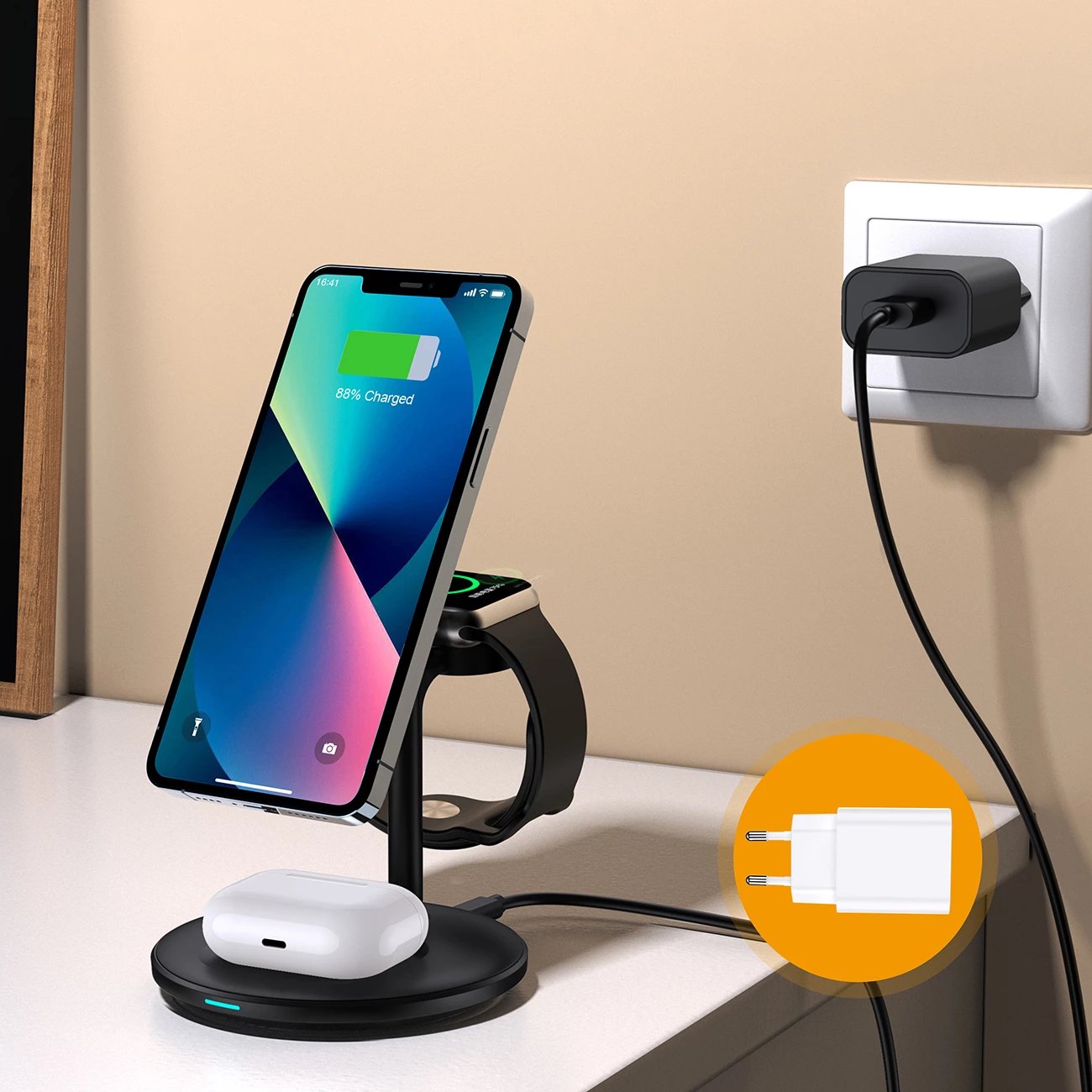 Stacion karikimi wireless 3-në-1 Choetech T585-F për iPhone 12/13/14, AirPods Pro dhe Apple Watch, USB-C, 15W, Zi