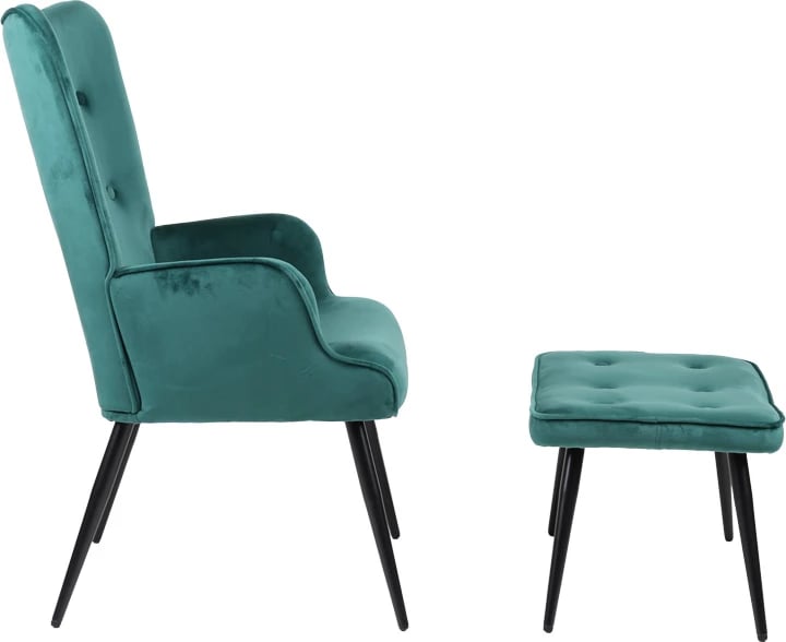 Fotel me puf Siella, kadife e gjelbër e errët, këmbë metalike të zeza, 59x67x94cm