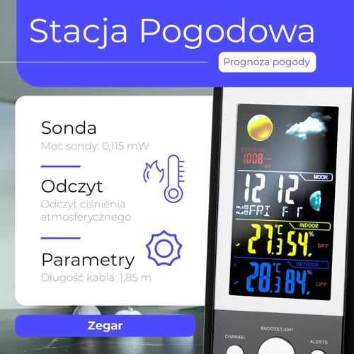 Stacion moti, Adler MS 1177, ekran me ngjyra, temperaturë/lagështi brenda-jashtë, parashikim dhe presion, alarme, me sondë të jashtme, zi/argjend Stacion moti, Adler MS 1177, ekran me ngjyra, temperaturë/lagështi brenda-jashtë, parashikim dhe presion, alarme, me sondë të jashtme, zi/argjend