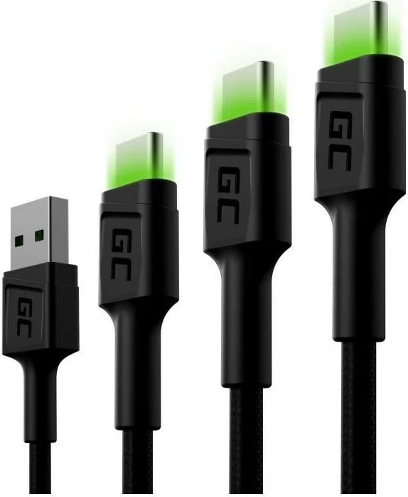 Kabllo Green Cell USB-C Typ C 30cm, 1,2m, 2m LED Green Cell Ray, szybkie ładowanie QC 3.0 Kabllo Green Cell USB-C Typ C 30cm, 1,2m, 2m LED Green Cell Ray, szybkie ładowanie QC 3.0