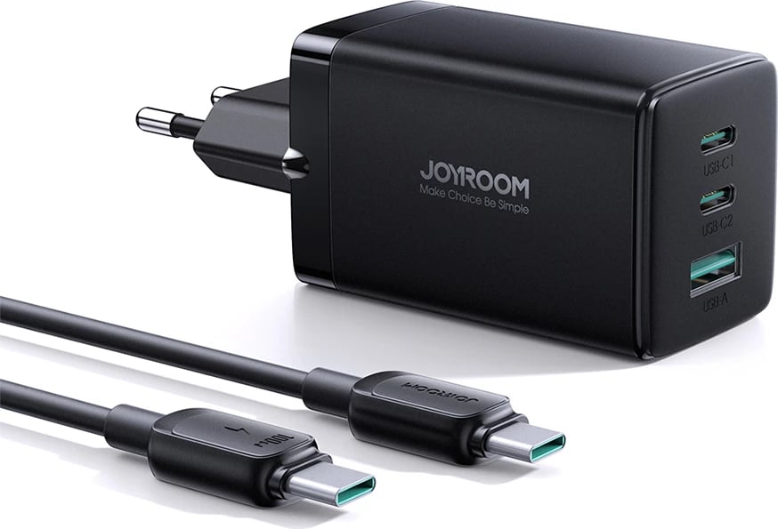 Karikues i shpejtë GaN Joyroom TCG01, 65W, 2x USB-C & 1x USB-A, me kabllo USB-C në USB-C 100W, i zi