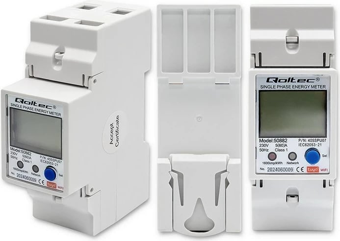 Matës energjie njëfazësh për DIN rail, Qoltec 50882, LCD, Wi-Fi, TUYA, 230V